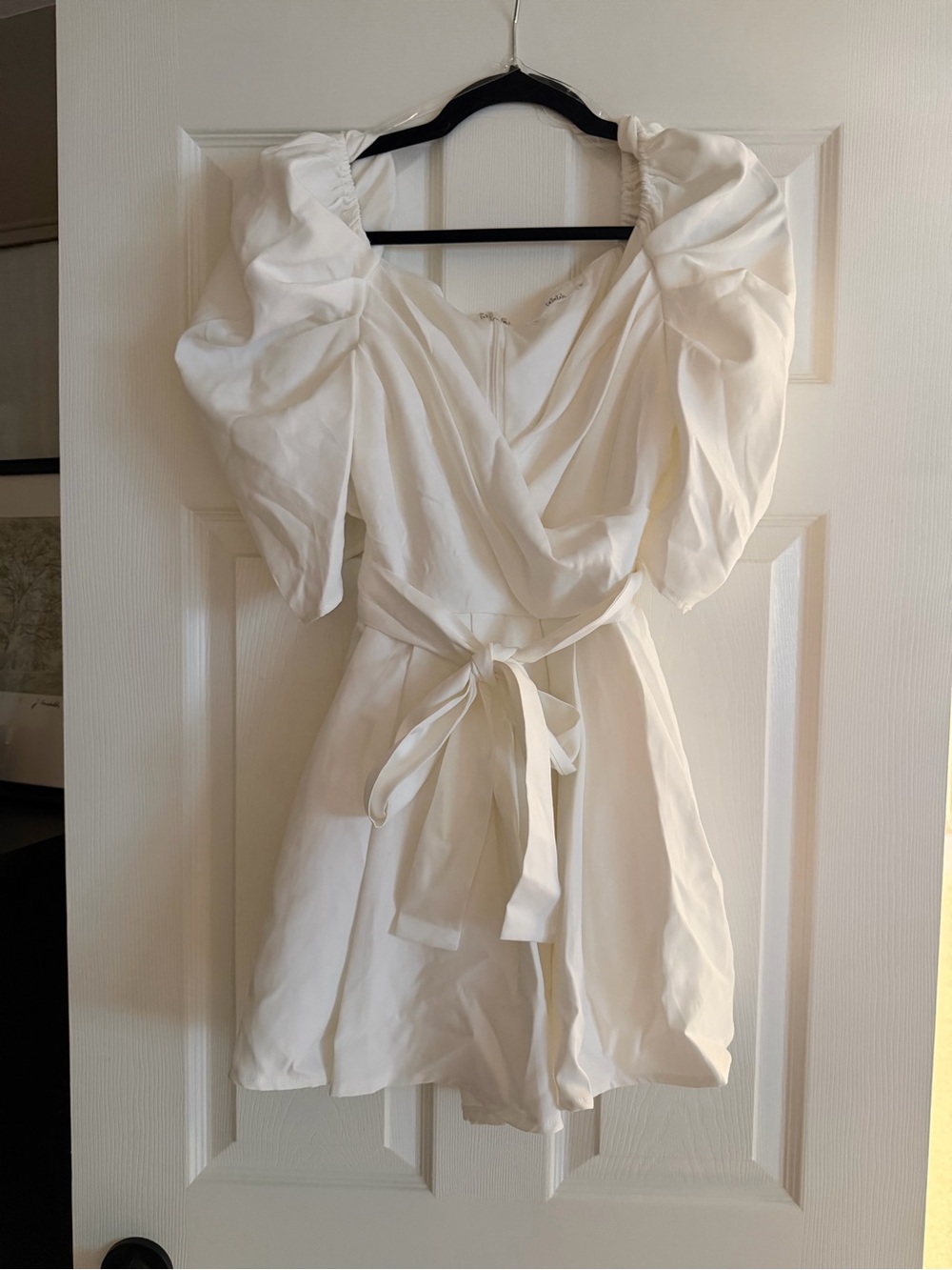 White Puff Sleeve Tie-Waist Romper